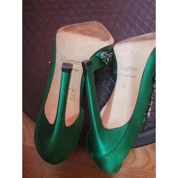 EUGENE RICONNEAUS GREEN SATIN/LEATHER STUDDED LEAF heels shoes ART Size 38 $1260 - Picture 12 of 14
